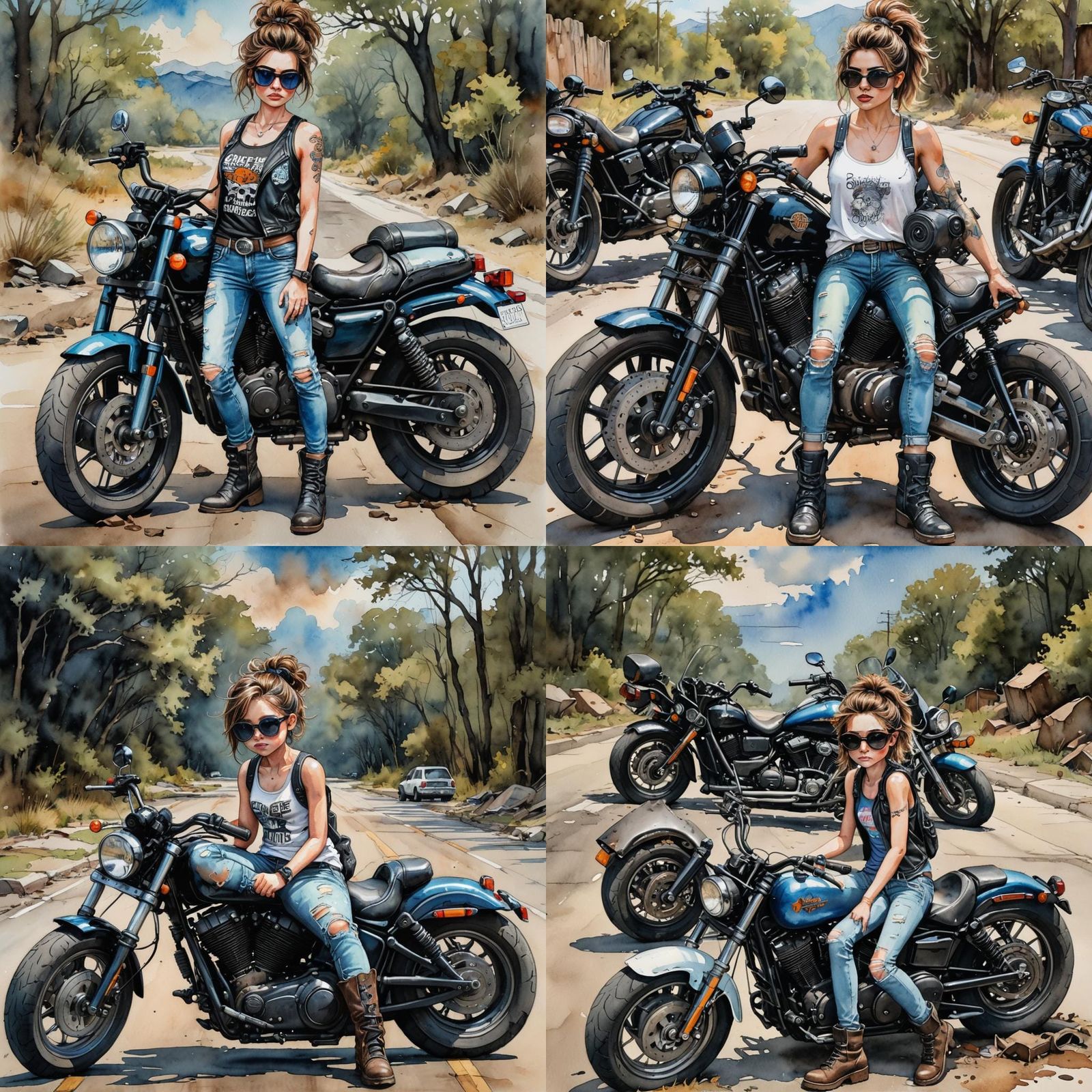 Girl on Motorcycle in Soft Pastel Watercolors