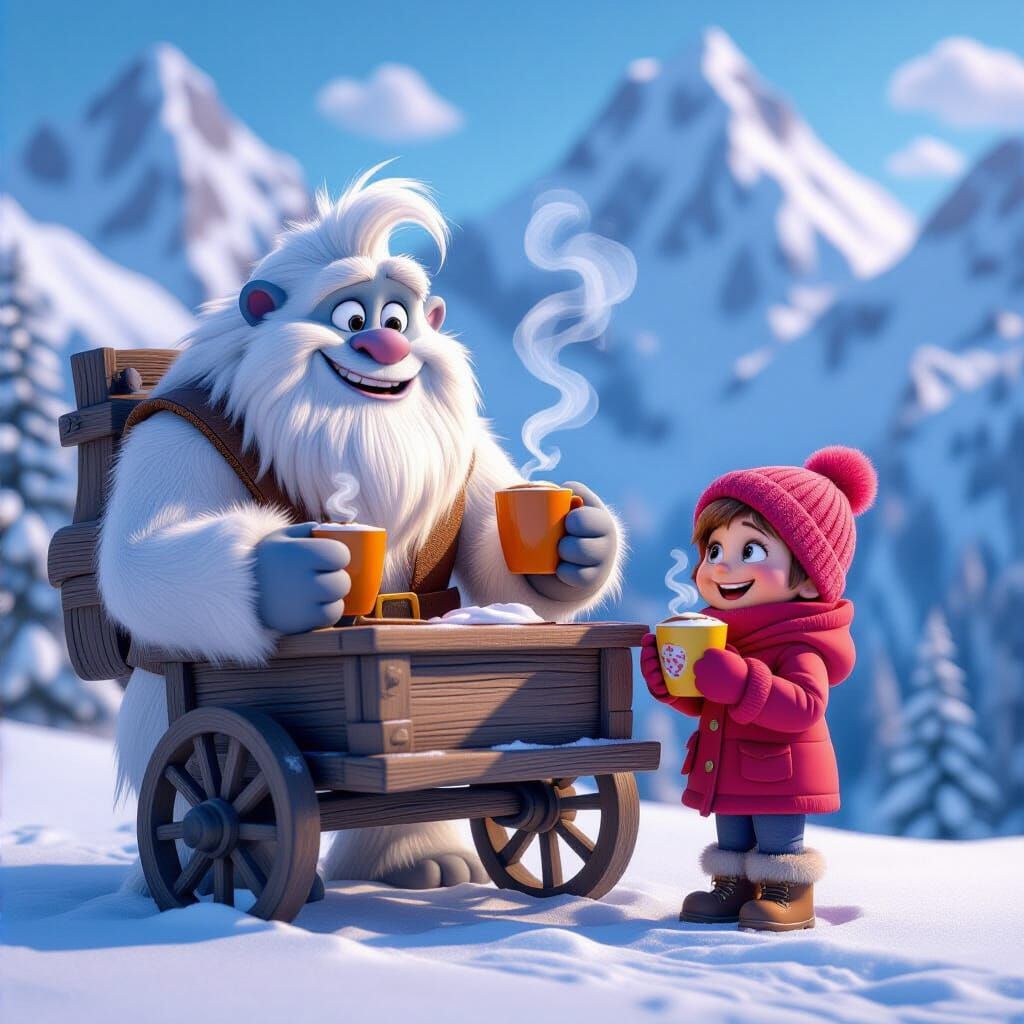 Friendly Yeti Serves Hot Cocoa to Child in Snowy Mountain Sc...