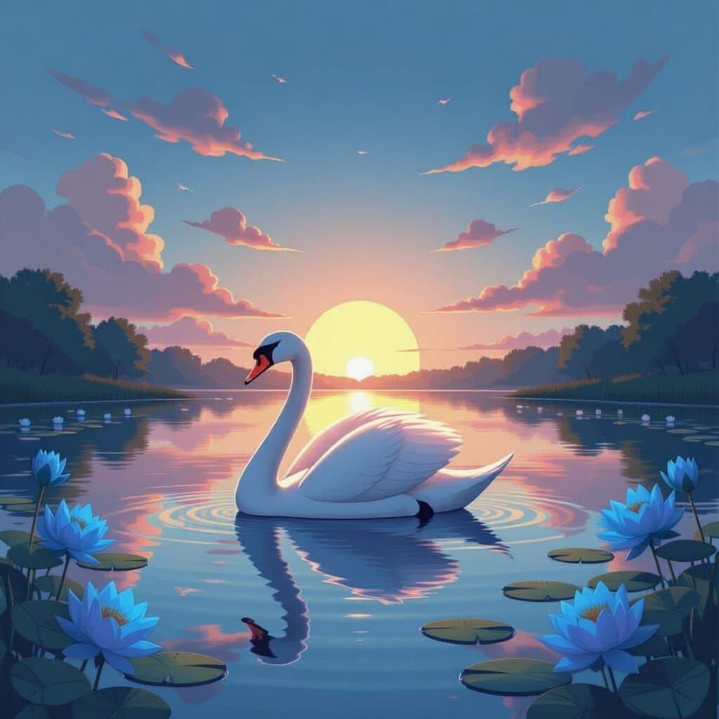 Swan on Lake with Blue Lotus at Sunset