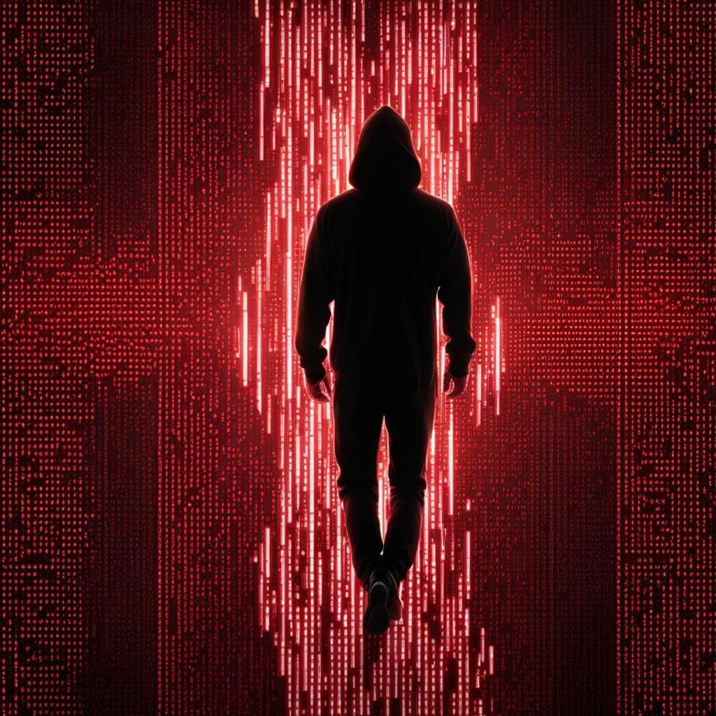 Hacker Silhouette in Red Binary Code, 4K