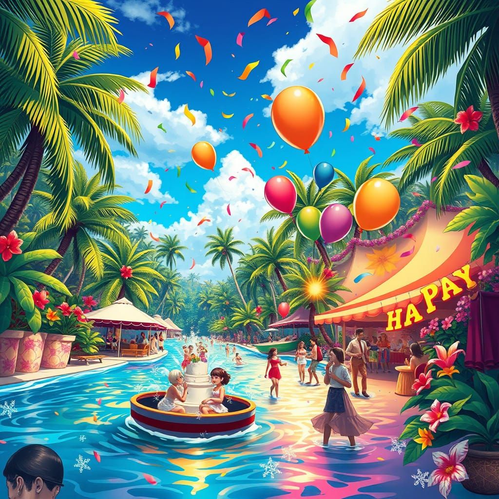 Vibrant Tropical Paradise Festivities in Comic Book Style