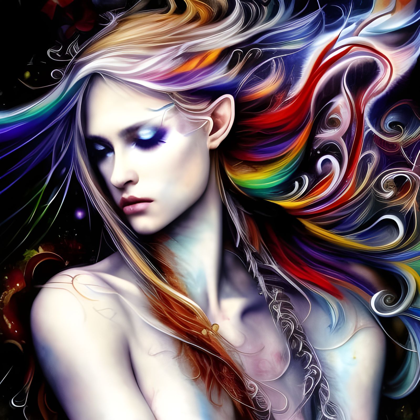 Mystic Elf: Intricate Oil Painting in Rainbow Hues