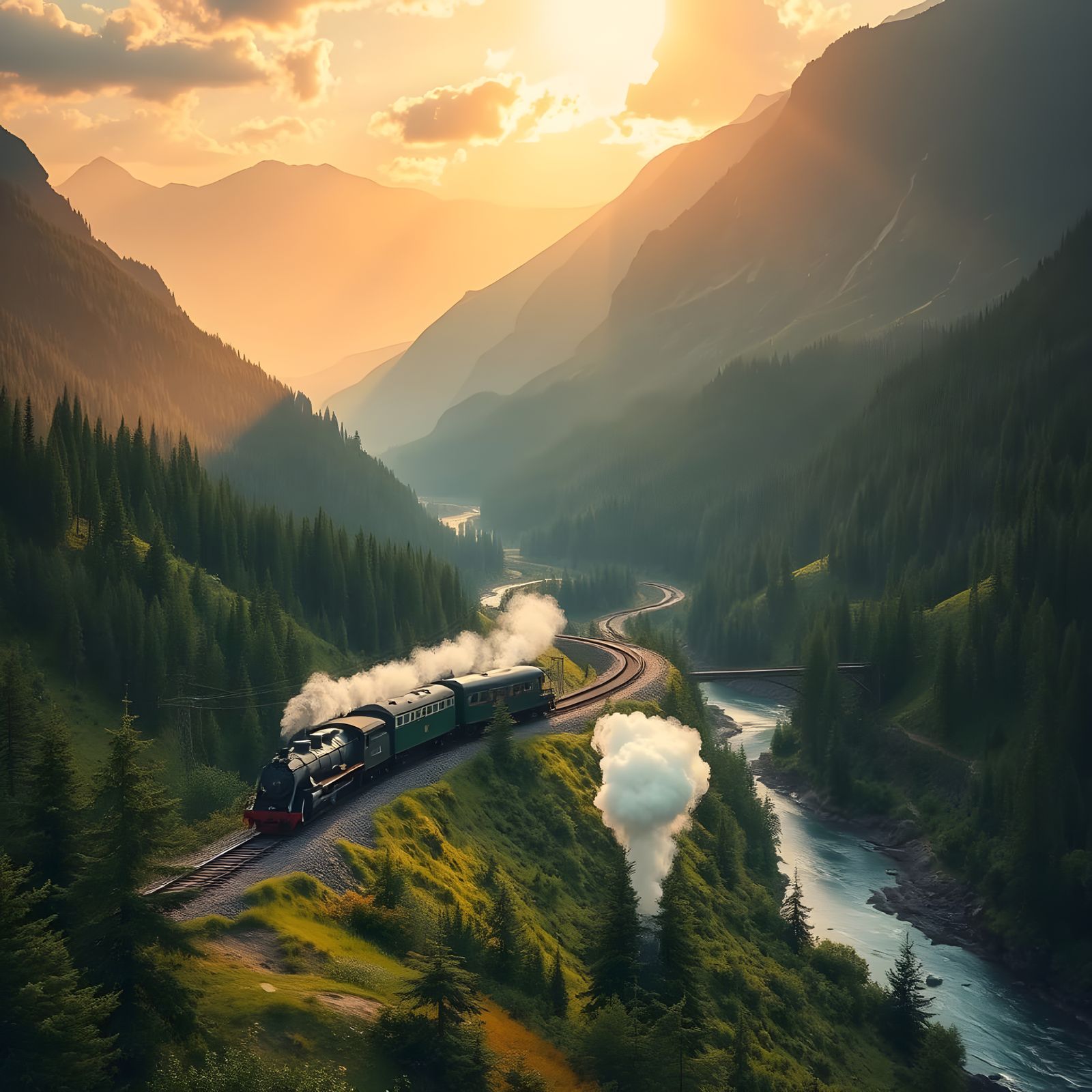 Train Chugging Through Serene Mountain Landscape