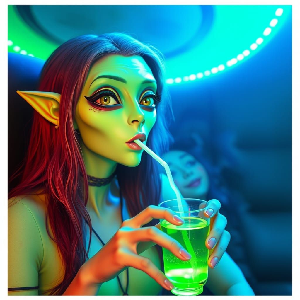 Green Alien Sips Tea in a Verdant Room