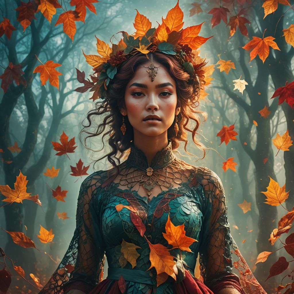 Ethereal Woman Offers Glowing Autumn Leaf