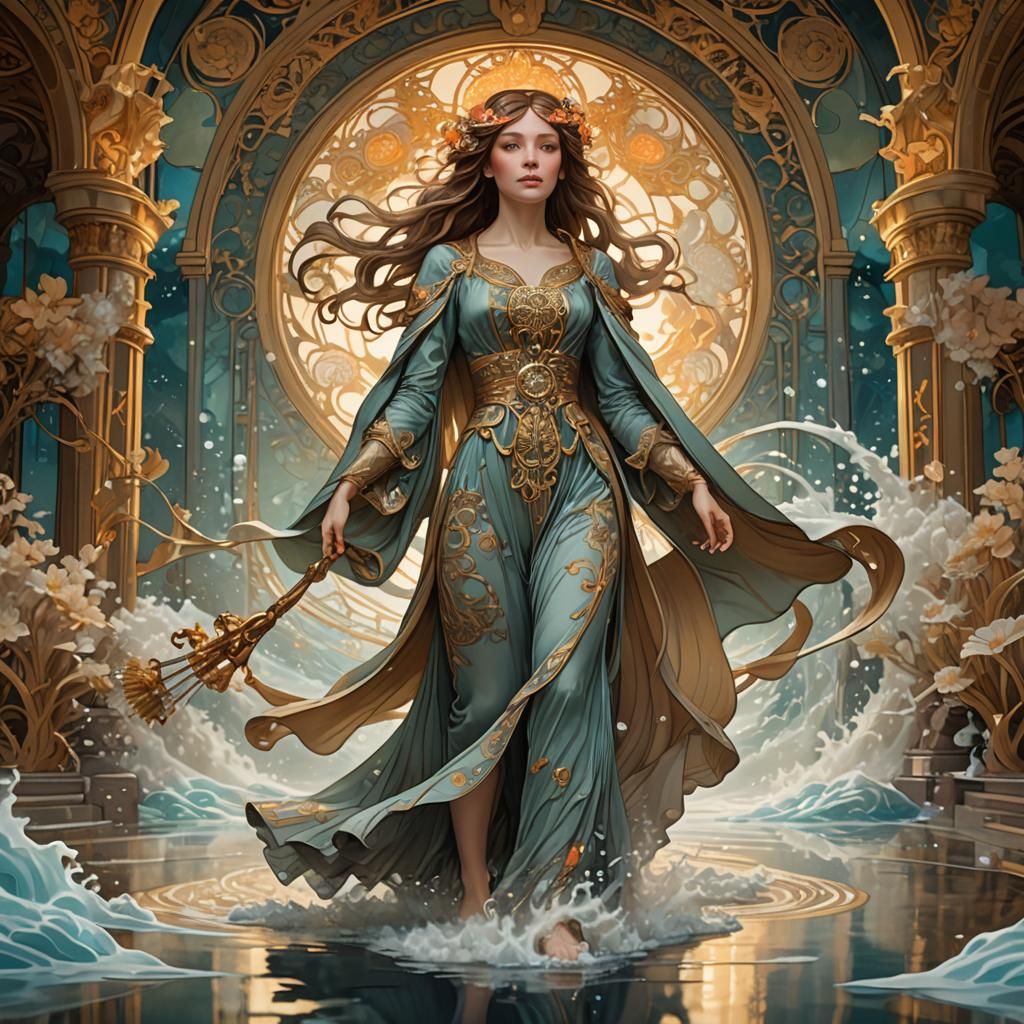Art Nouveau Woman on Runway with Water