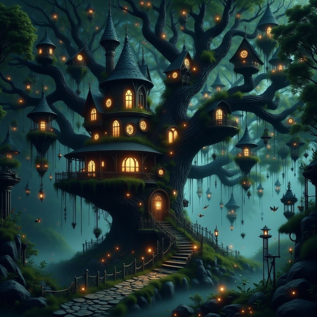 Enchanted Treehouse in Steampunk Forest