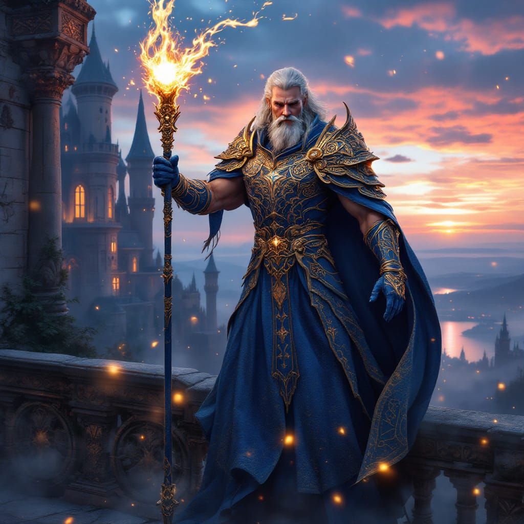 Wizard on Castle Balcony at Twilight