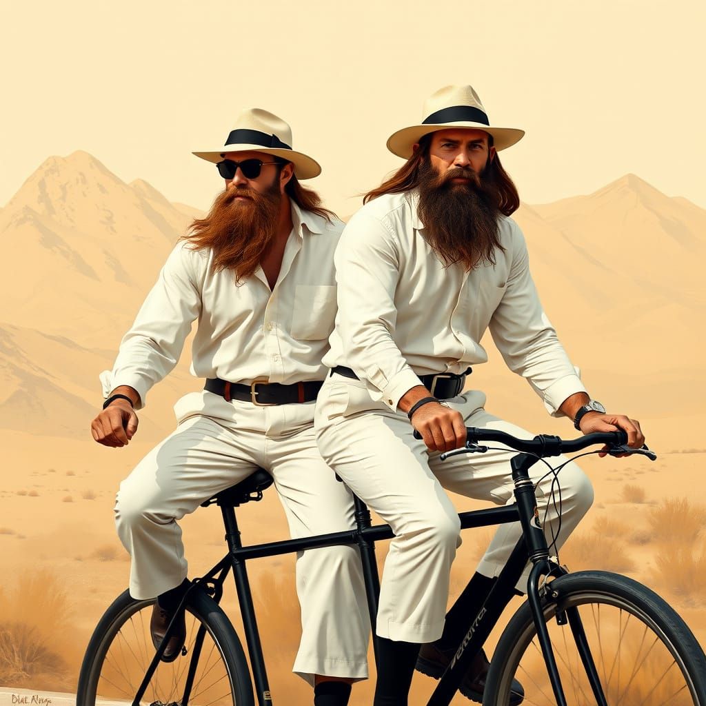 Bearded Men in White Ride Tandem Bike Through Beige Landscap...