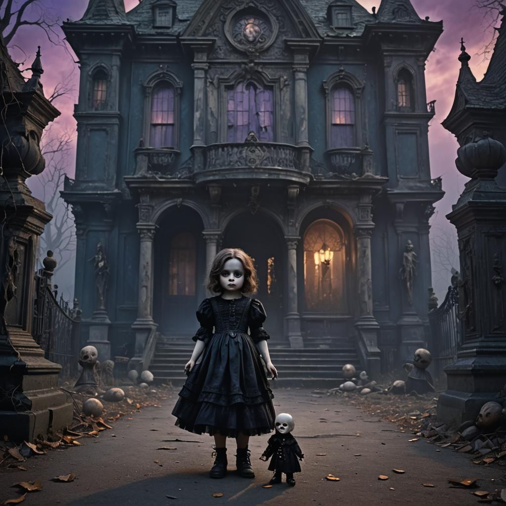 Sinister Doll and Crying Child in Dark Fantasy Art