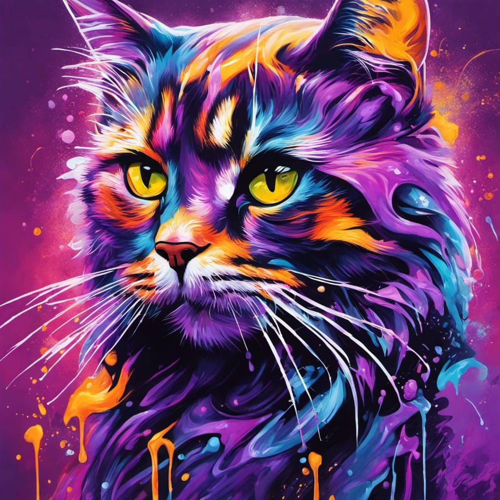 Purple Fire Cat in Graffiti Splash Art Style