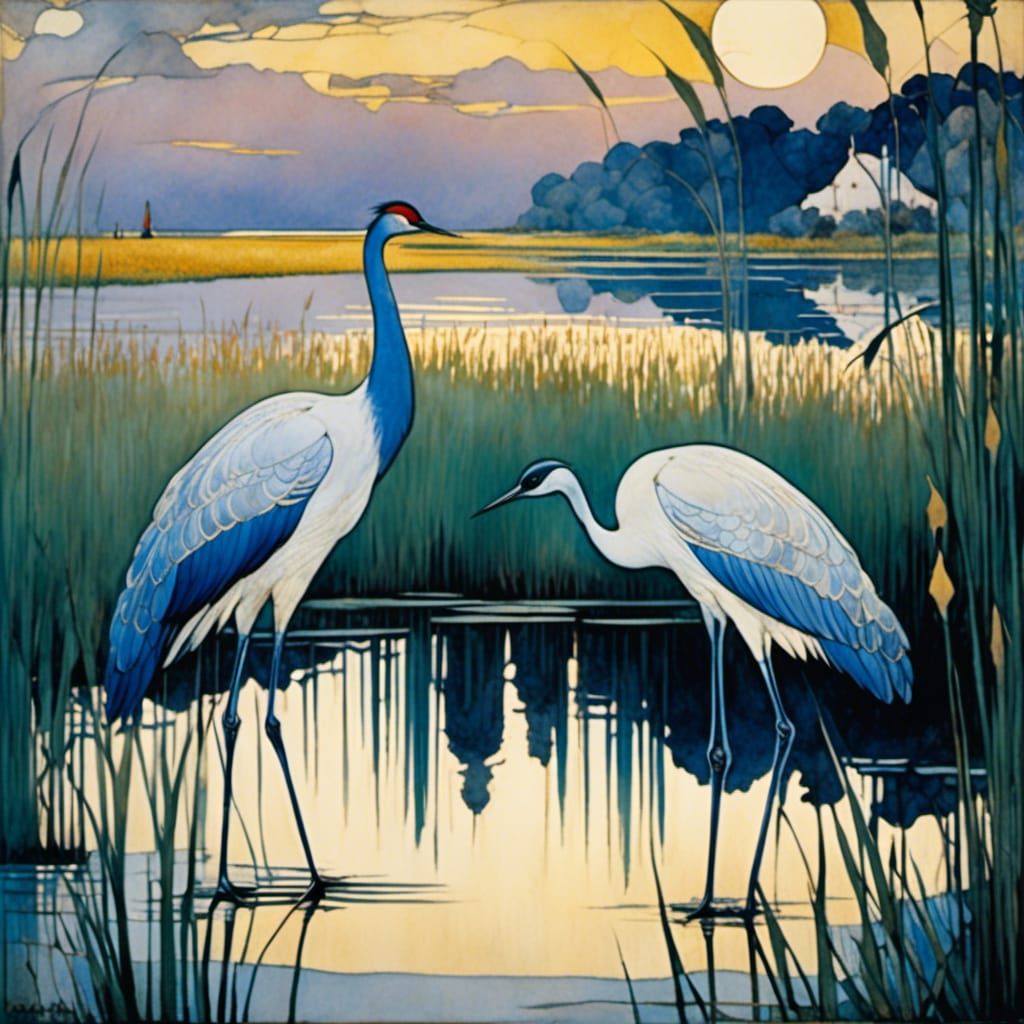 Cranes in Evening Light: Vintage Surrealism