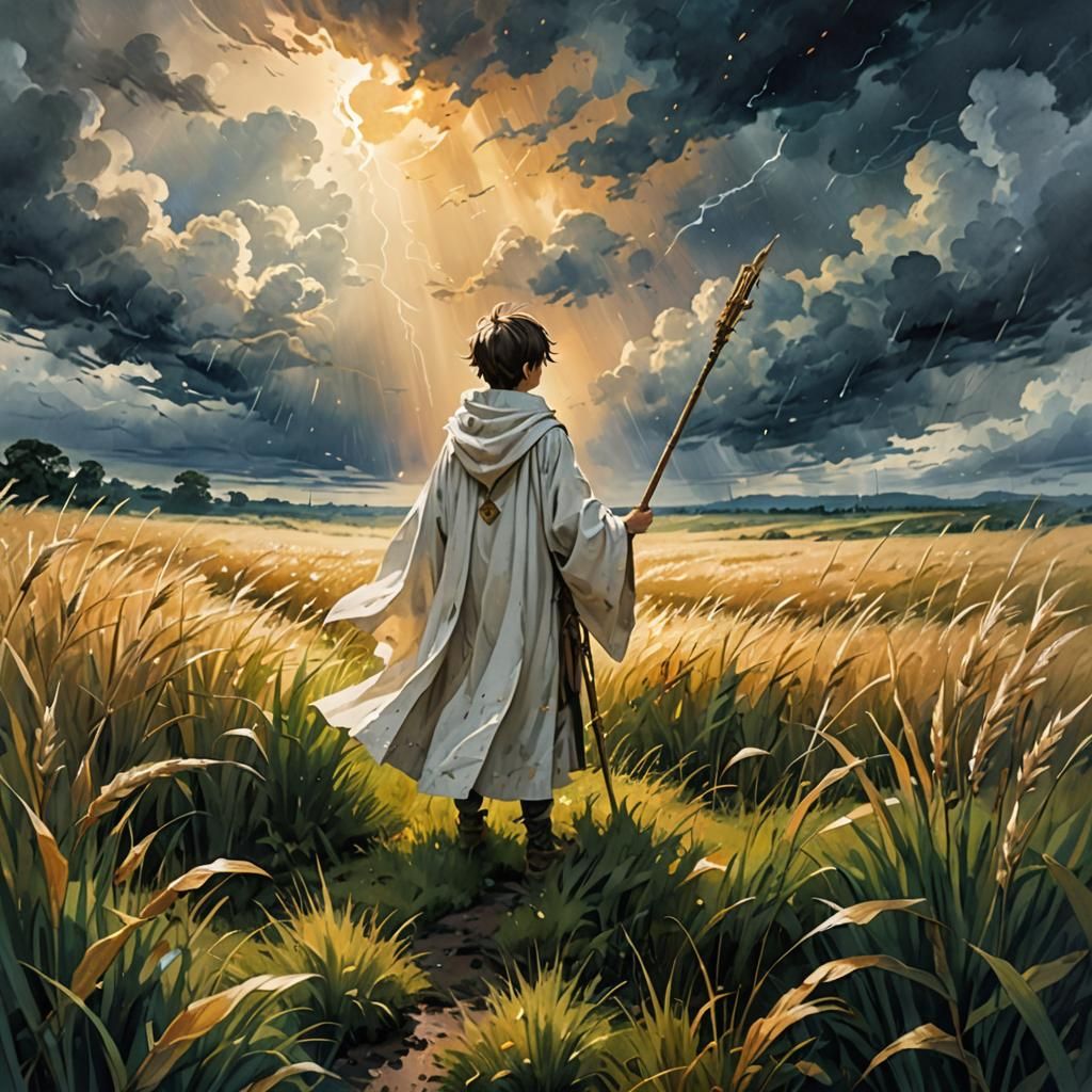 Child Mage Casts Rainstorm in Watercolor Anime Style