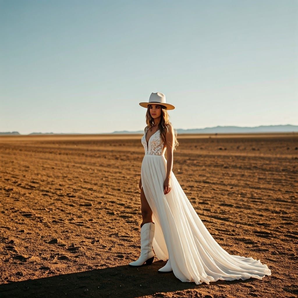 Western Bride in Flowing Dress and Cowboy Hat