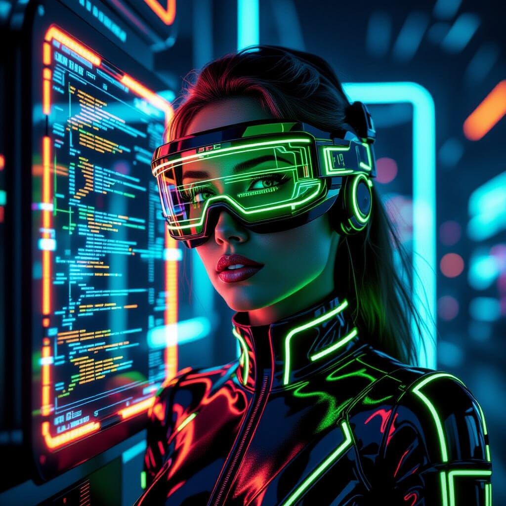 Neon Woman Emerges from Computer Screen in Synthwave Style