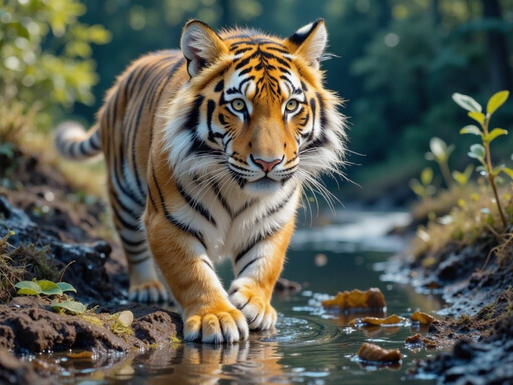 Majestic Snow Tiger Among Glass Animals and Fairy Lights