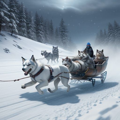 Huskies Pulling Sled Through Snowy Arctic Landscape