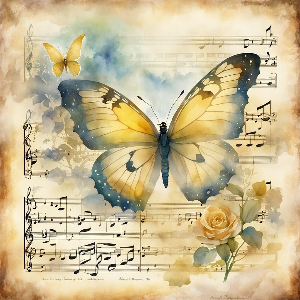 Dreamlike Butterfly on Faded Sheet Music