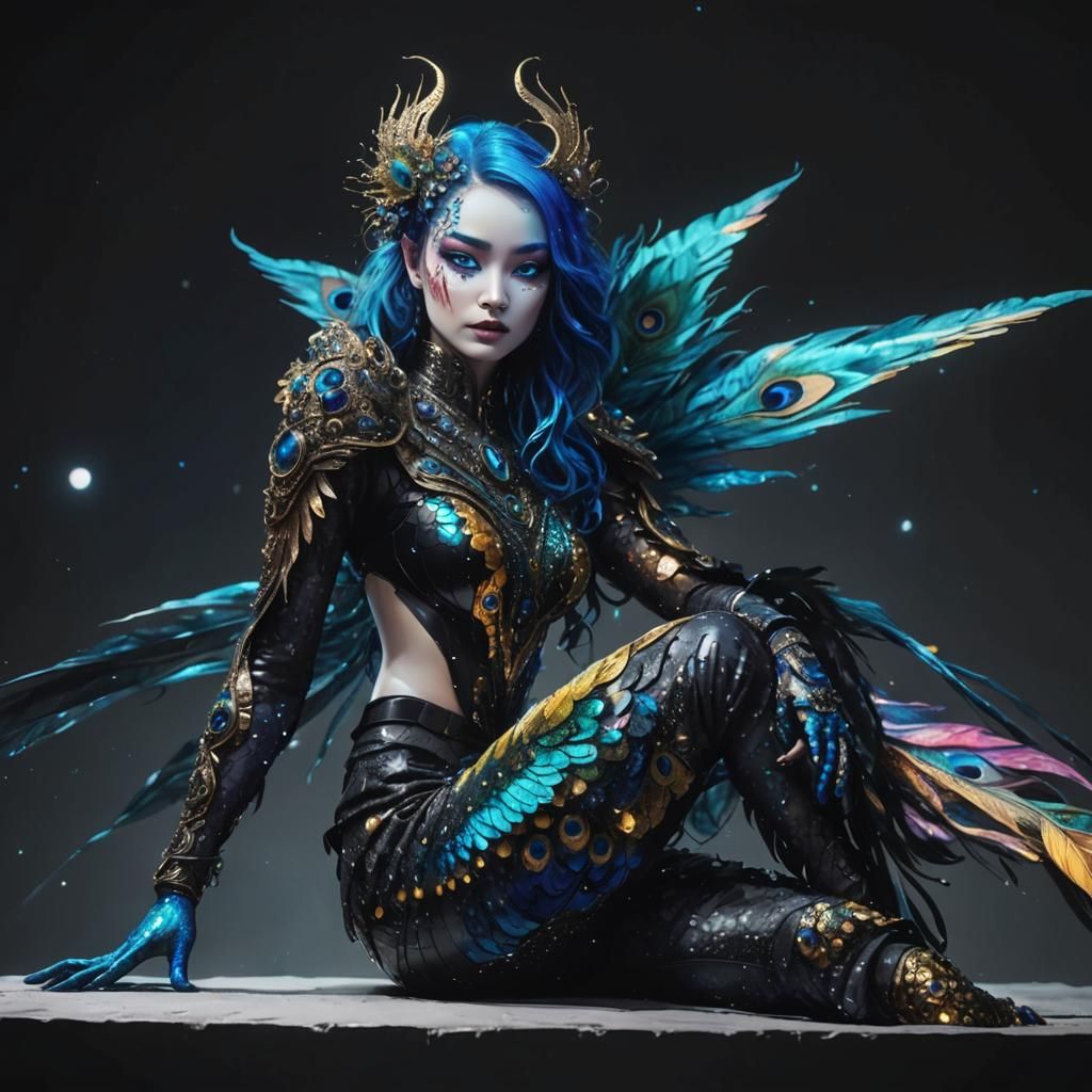 Dragon Woman Portrait with Peacock Feathers in Surreal Style