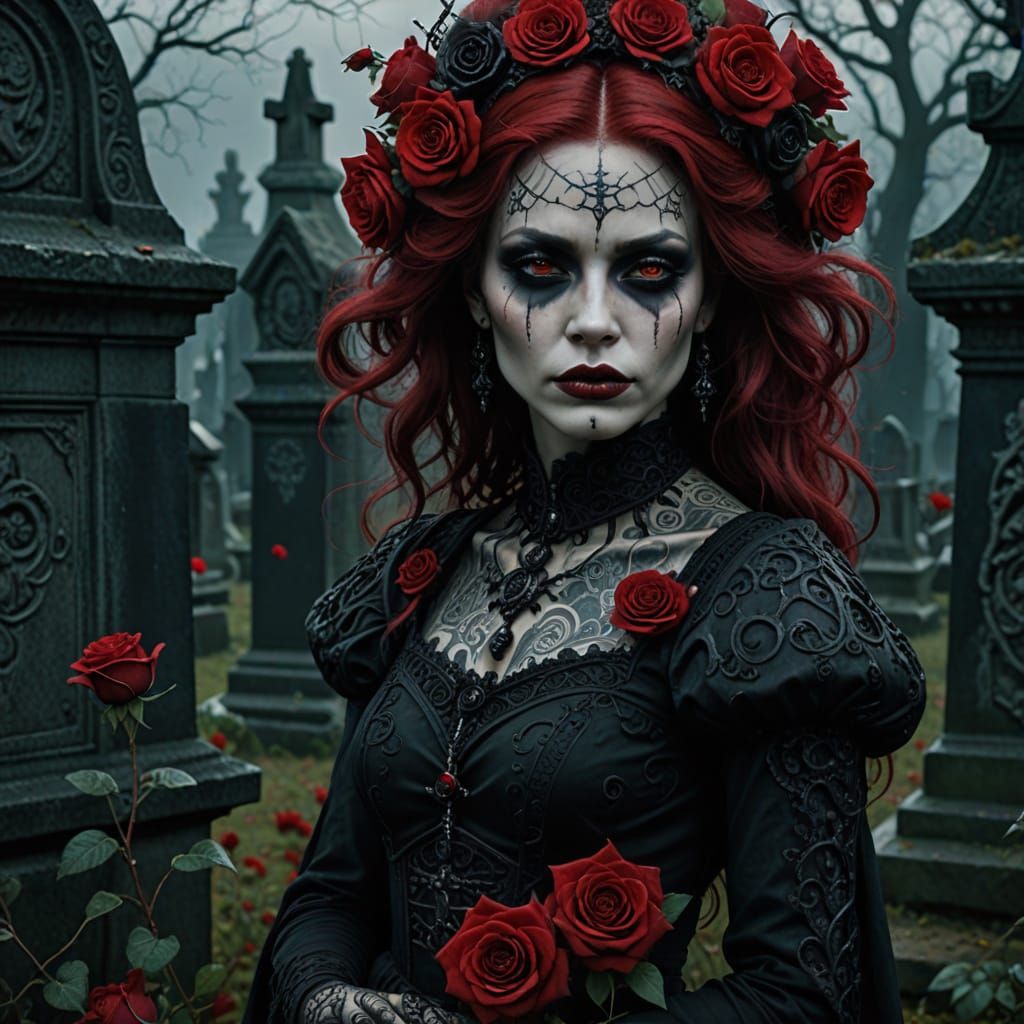 Dark Fantasy Goddess in Graveyard, Whimsical Hair and Black ...