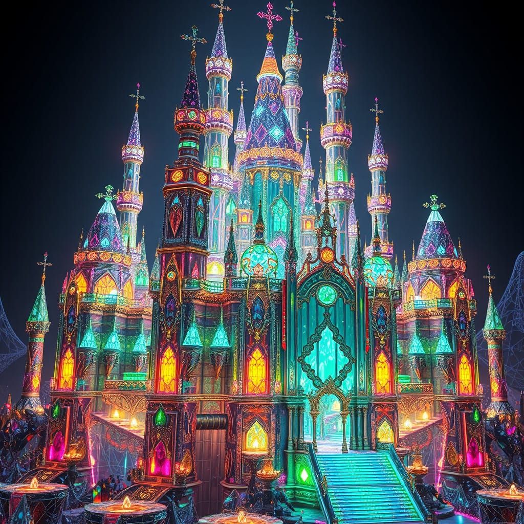 Glowing Emerald and Ruby Castle in Futuristic Fantasy Style