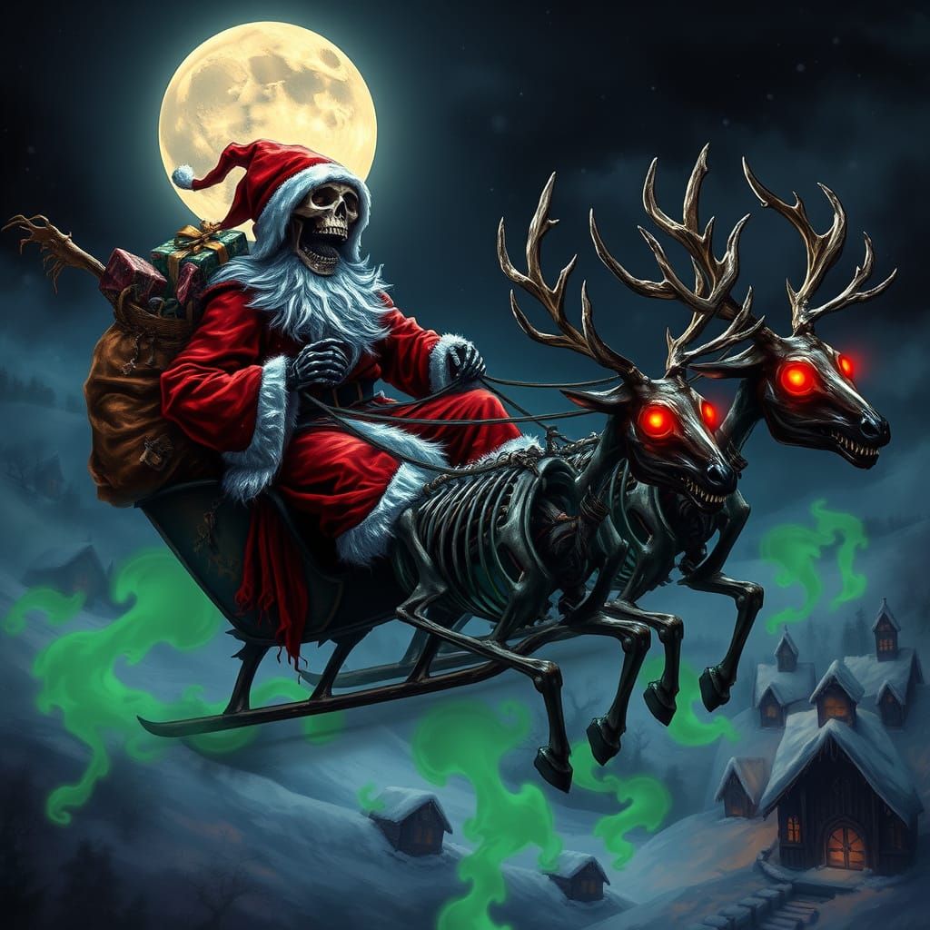 Skeleton Santa Rides Haunted Sleigh Over Snowy Village