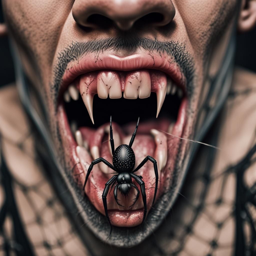 Sinister Spiderweb Tongue Tattoo in Hyperrealistic 3D