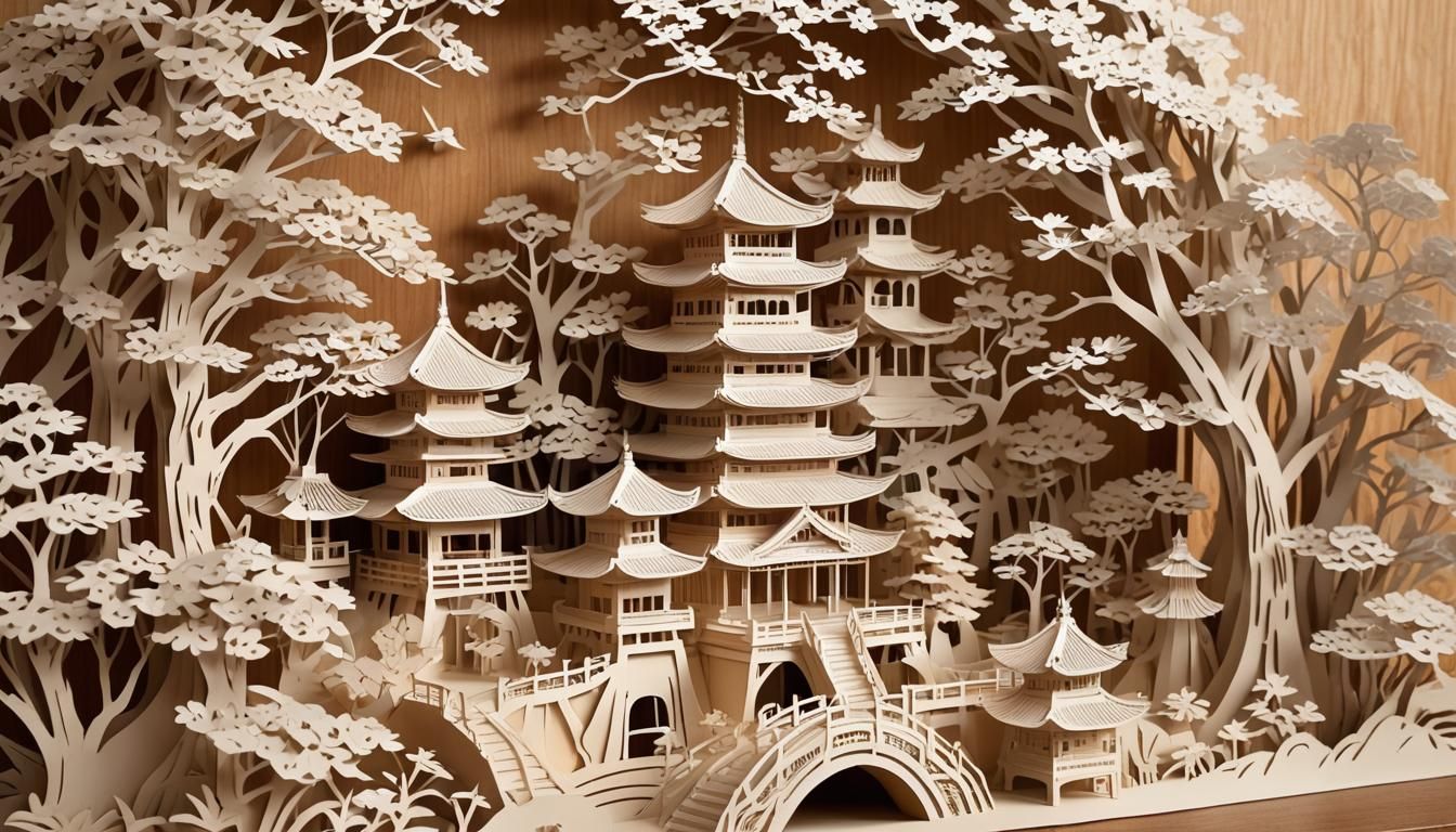 Intricate Kirigami Paper Sculpture of Japanese Scene