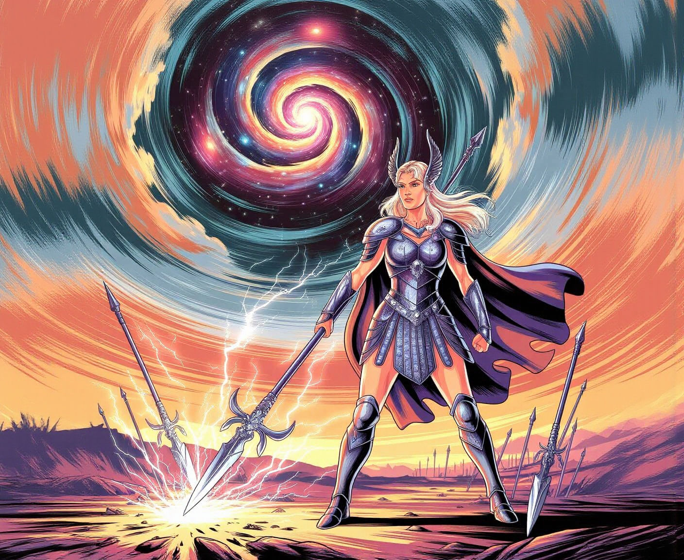 Valkyrie Warrior on Battlefield in Art Nouveau Style