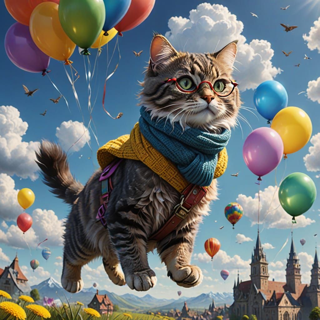 Cat Rides Dandelion Seed in Matte Painting Style