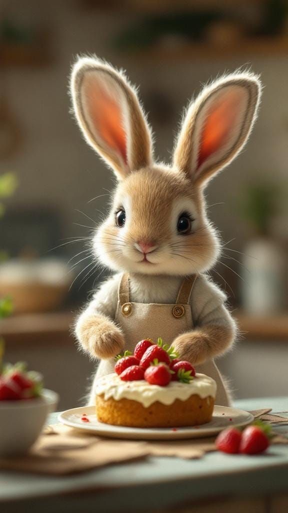 Adorable Felted Bunny Makes Strawberry Cake, Illustrated Sty...