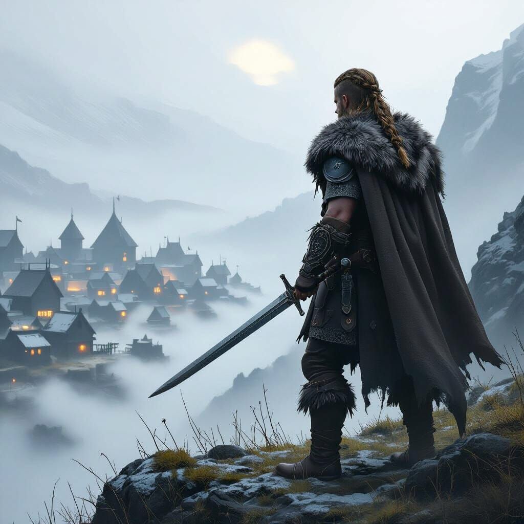 Viking Warrior on Misty Cliff Overlooking Village
