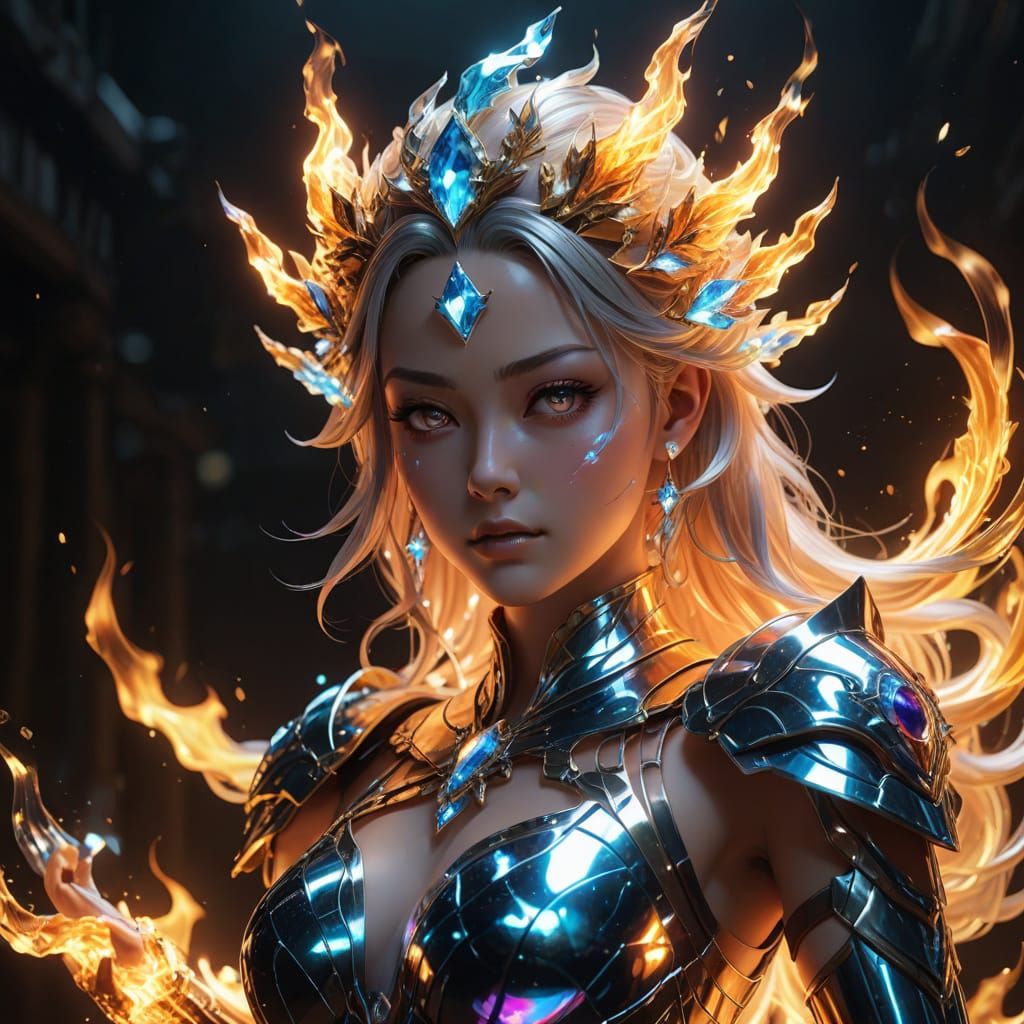 Ethereal Crystal Woman with Fire Powers, Anime Style