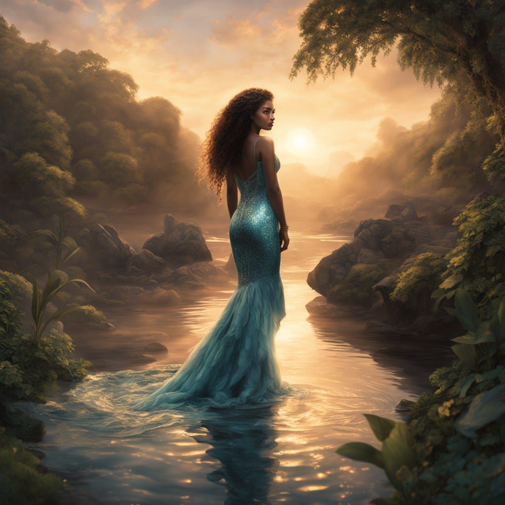 Sensual Mermaid Goddess Under Sunset Glow
