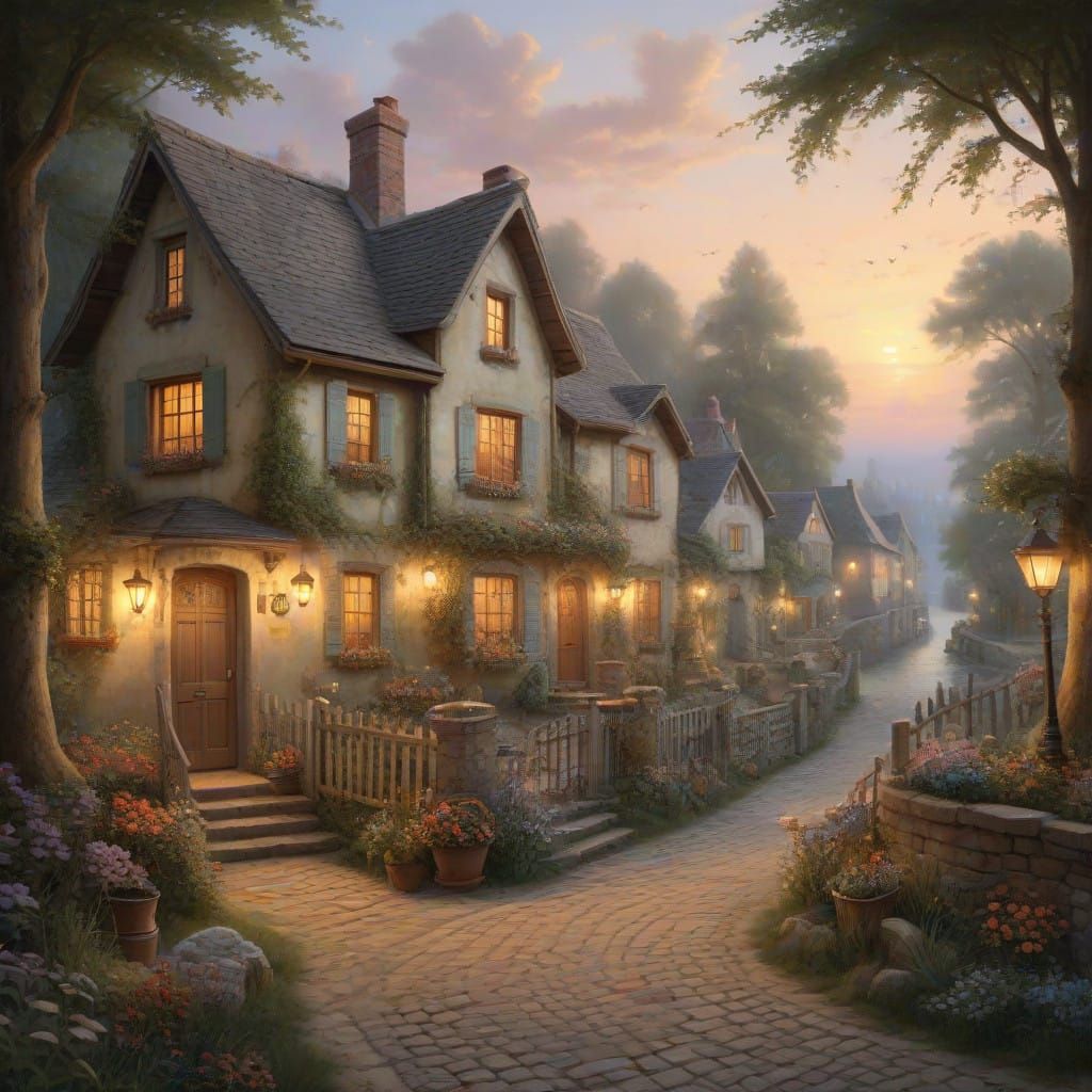 Whimsical Folk Art Scene in Muted Colors