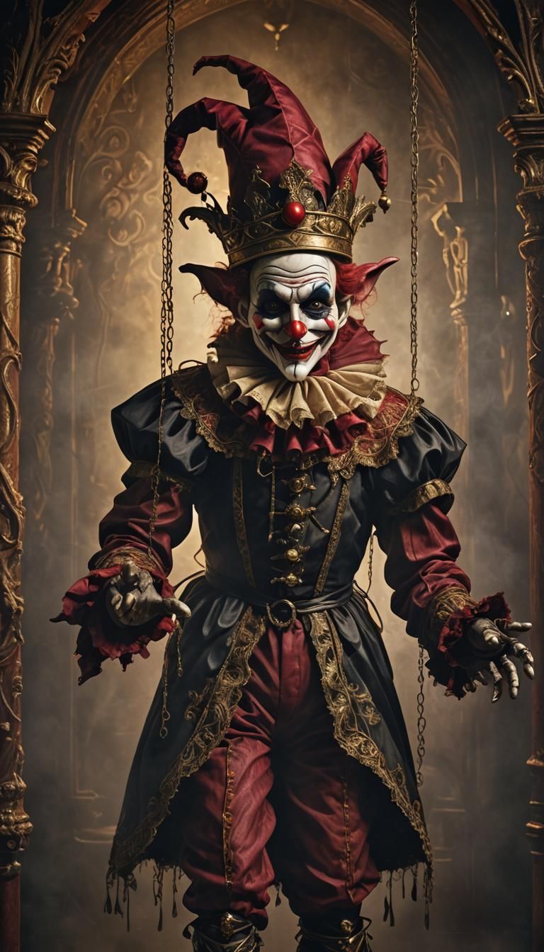 Sinister Jester Marionette Puppet in Dark Fantasy Style