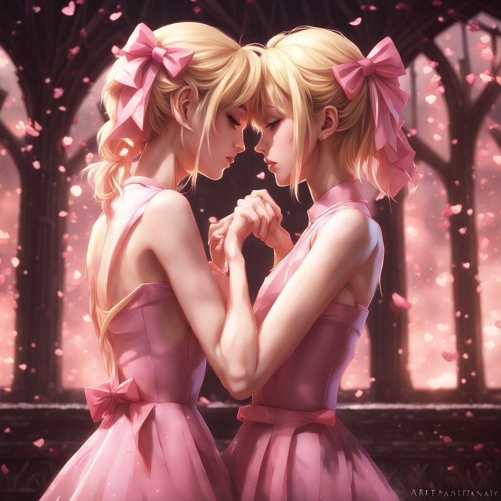 Anime Girls Kissing: Detailed Matte Painting