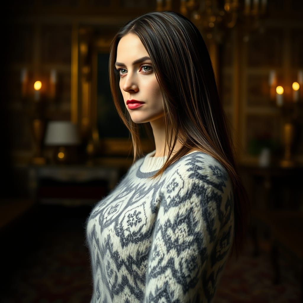 Intense Woman in Fair Isle Sweater, Rembrandt Lighting