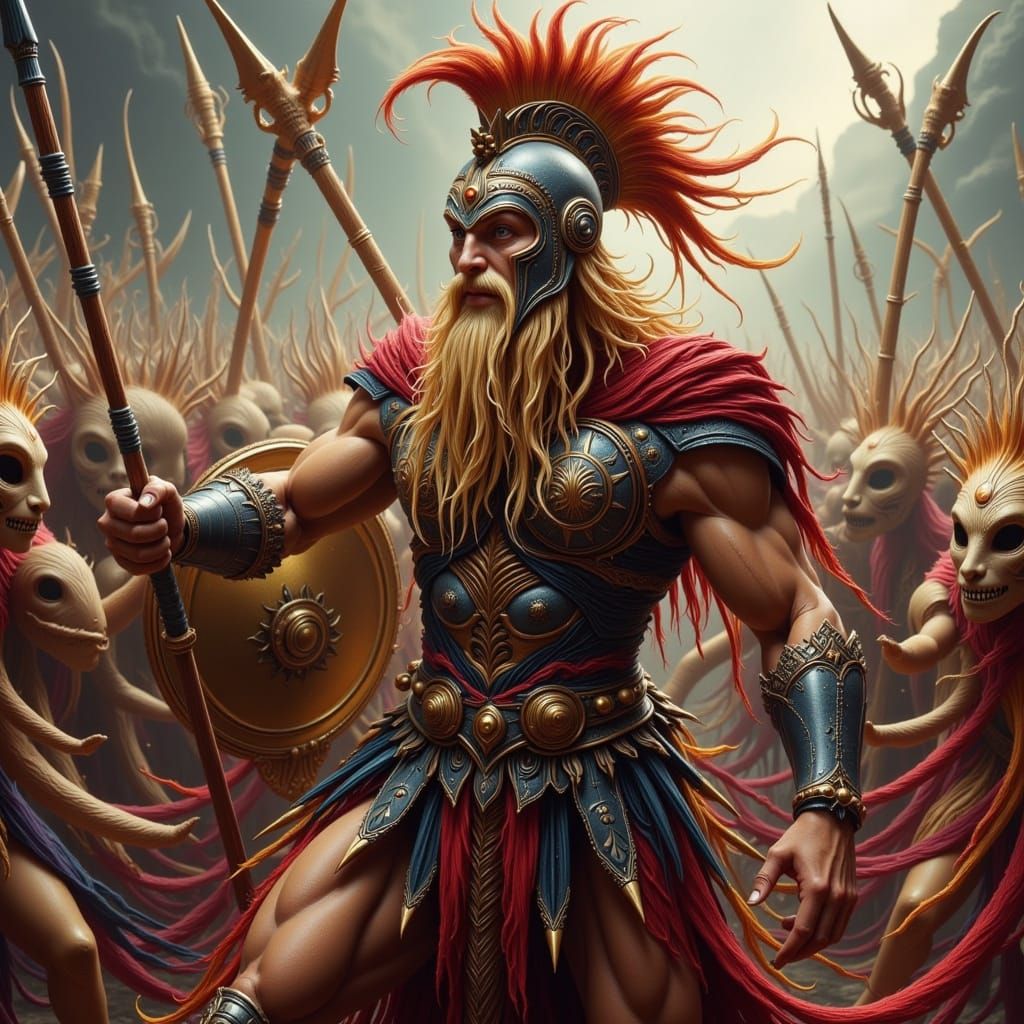 Achilles in Battle Holding Decorated Shield, Dark Fantasy Ar...