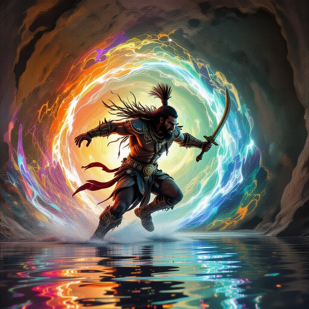 Fantasy Warrior Speeds Through Liquid Light Vortexes