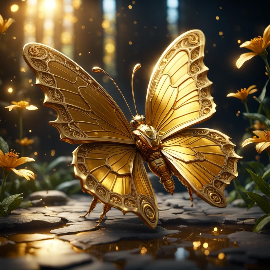 Golden Butterfly in 3D Game Cinematic Style