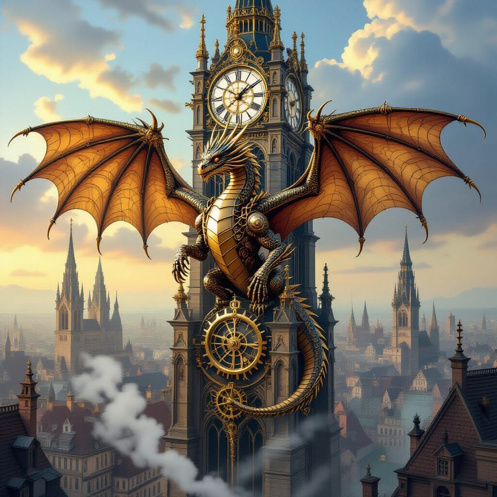 Steampunk Dragon Awakens in Gothic Clock Tower