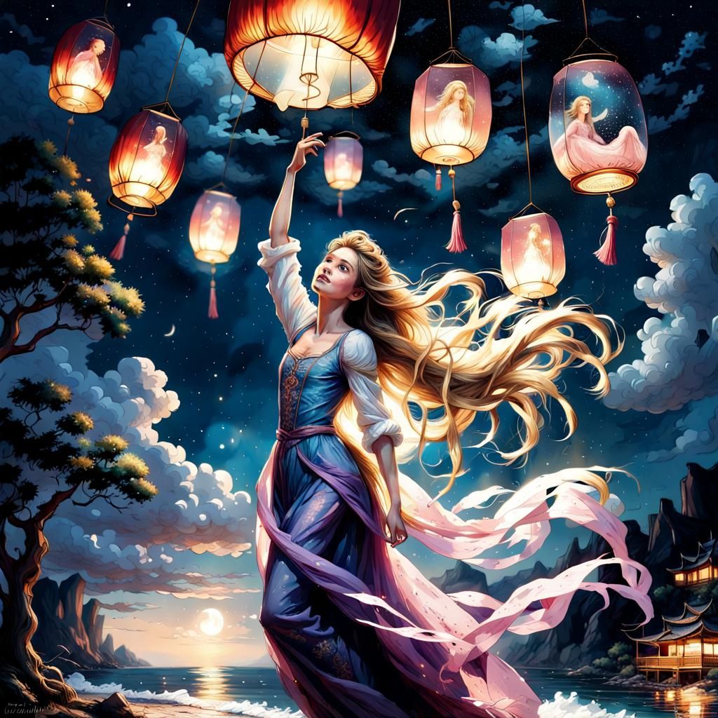 Rapunzel on Chinese Lantern in Milky Way Night