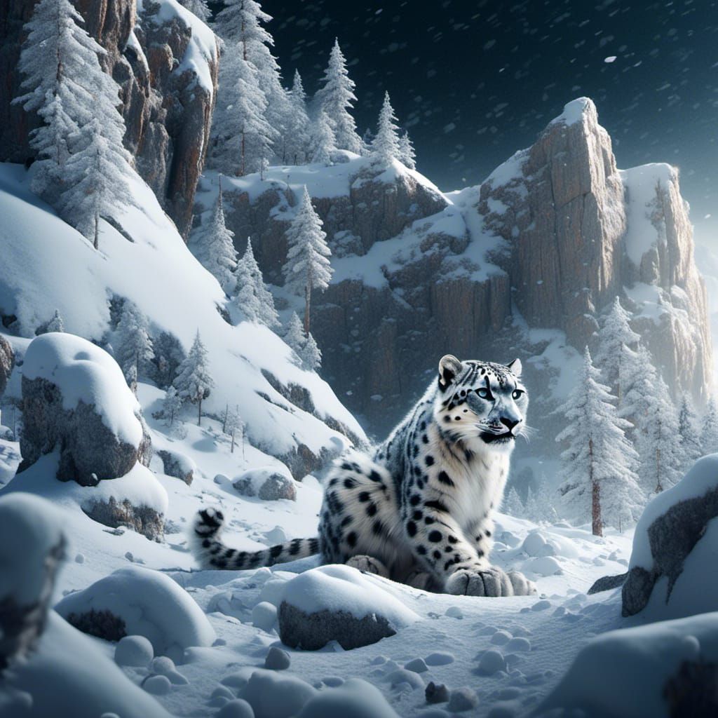 Snow Leopard on Snowy Mountain as Sugar-Cube Art