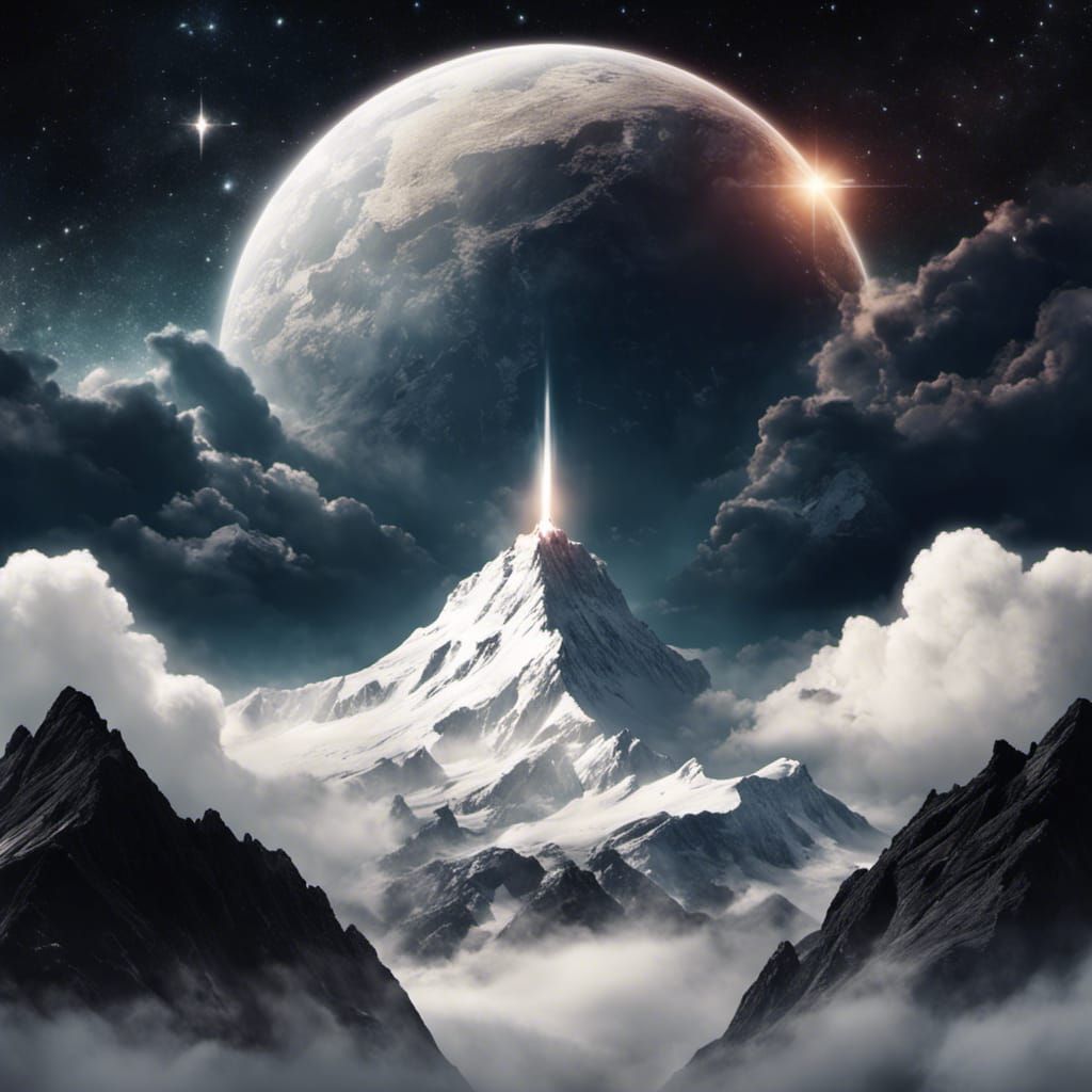 Zeus on Sci-Fi Mountain Reaching Outer Space
