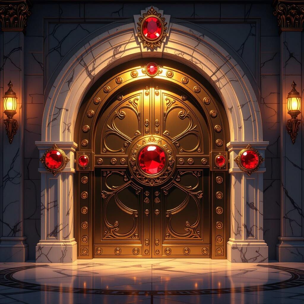 Magnificent Vault Door with Ruby Gemstones in Animated Style