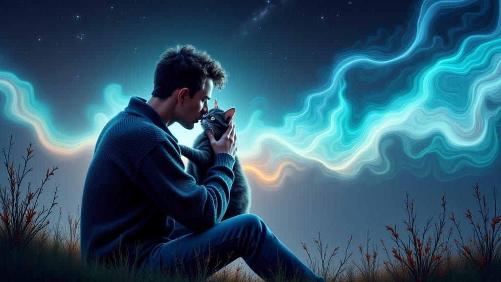 Man and Cat Embrace in Dreamy Bioluminescent Landscape