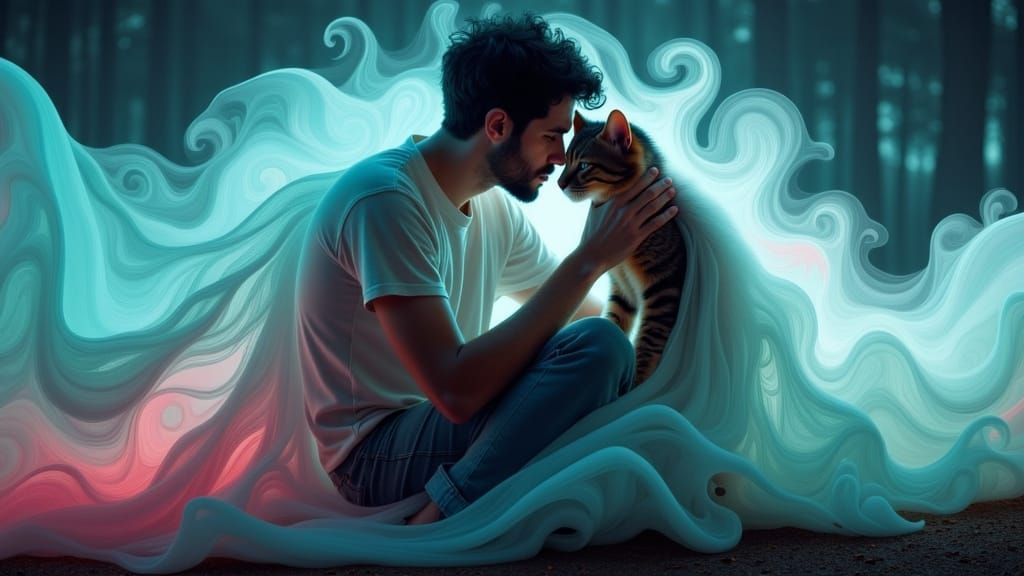 Man and Cat Kiss Surrounded by Bioluminescent Flows