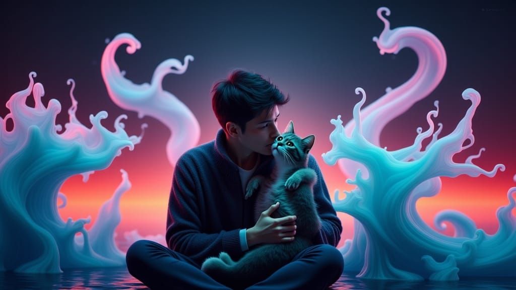 Man Kissing Cat in Ghostly Bioluminescent Landscape
