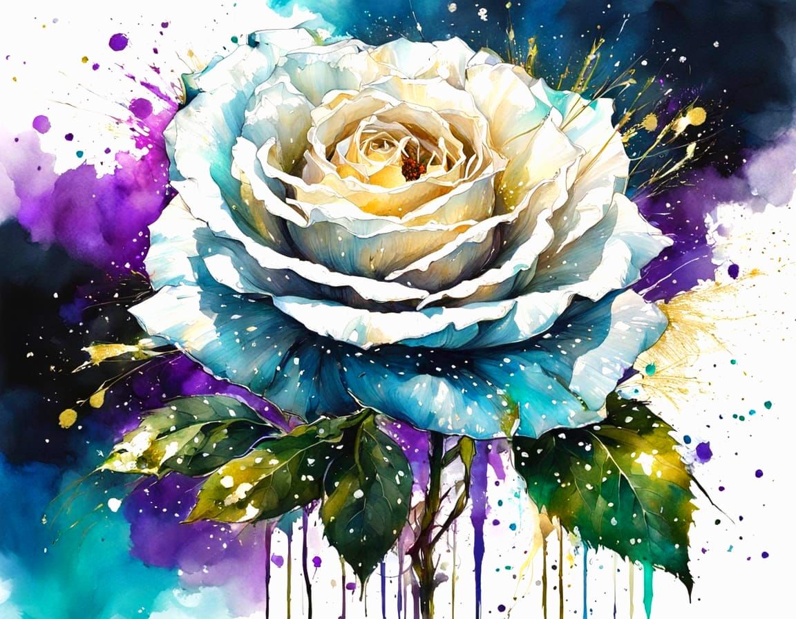 Vibrant Watercolor Rose in Dramatic Ink Splatter Background